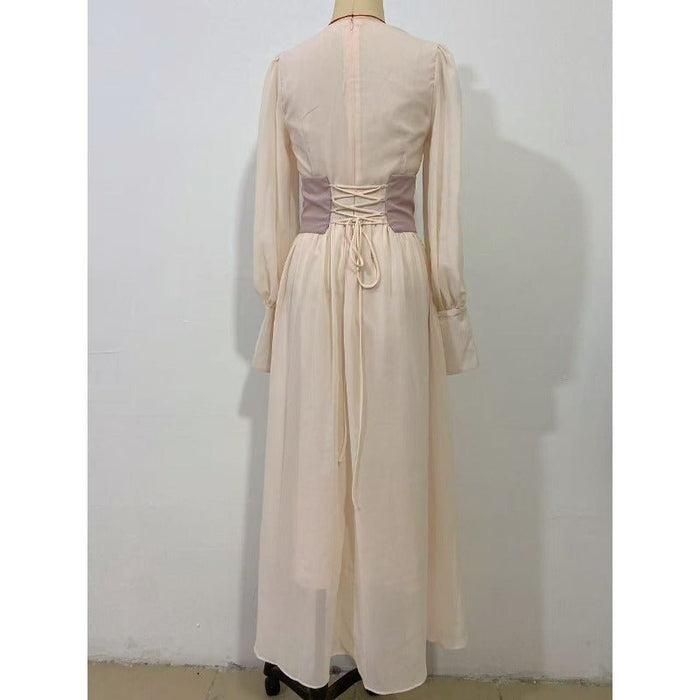 Elegant Pearl-Accented Bubble Sleeve Dress with Spliced Waist(MA297)
