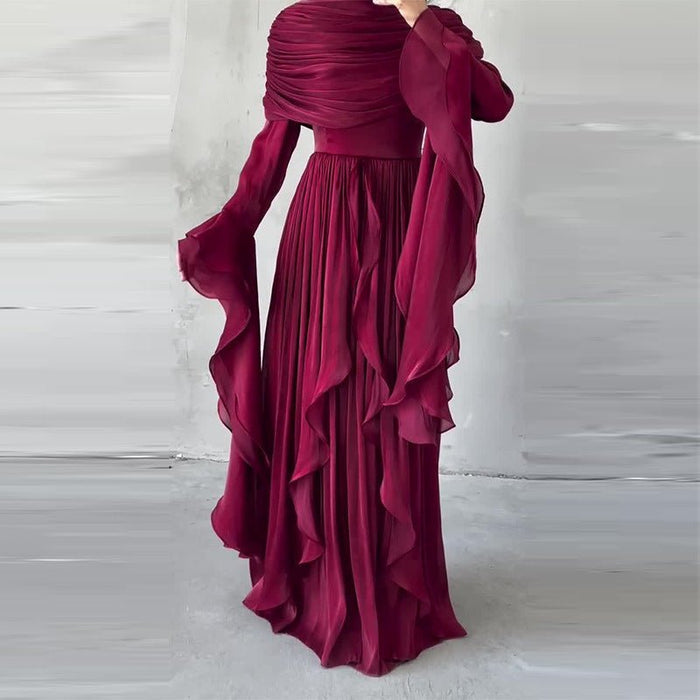 Elegant Pleated Maxi Dress with Slit(MS263)