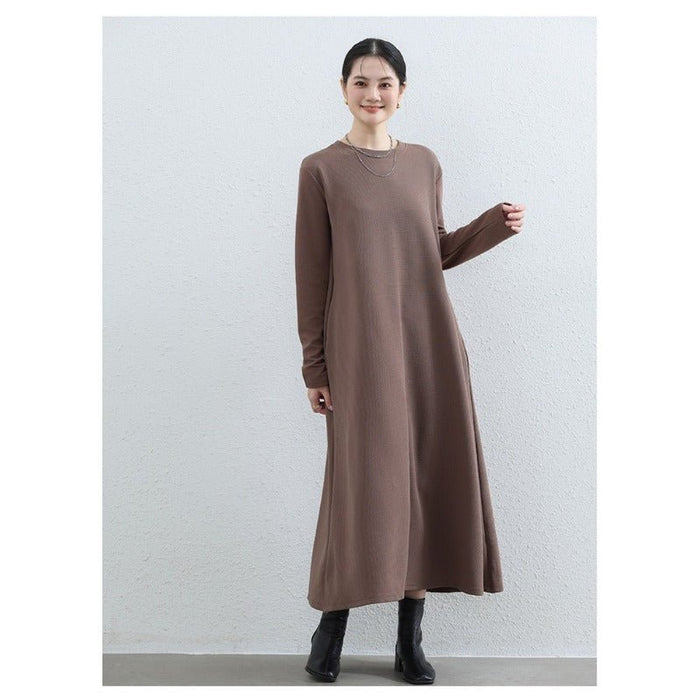 Elegant Round Neck A-Line Maxi Dress - Solid Color Modest Abaya with Pockets (MA310)