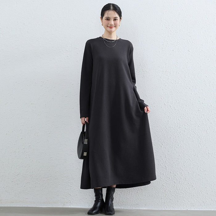 Elegant Round Neck A-Line Maxi Dress - Solid Color Modest Abaya with Pockets (MA310)