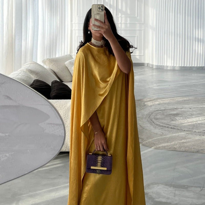 Elegant Royal Satin Abaya Dress | Modest Cape Sleeve Maxi Robe with Luxurious Draping(MA289)
