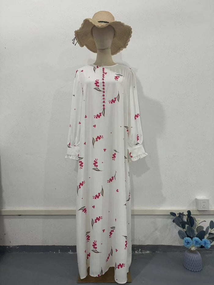 Elegant Ruffle Sleeve Romantic Pink Floral Maxi Dress Modest Gown Abaya (MA227)