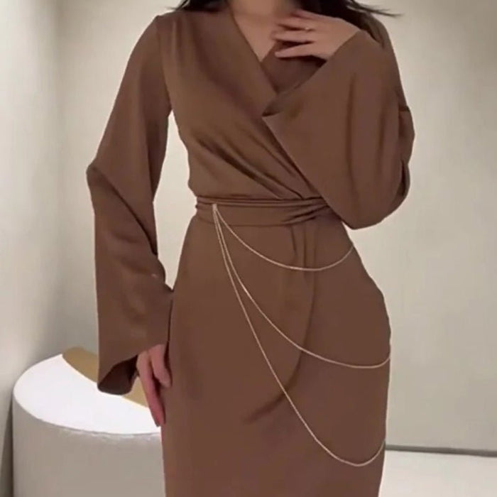Elegant Satin Maxi Dress Abaya with Waist Chains V-Neck Long Sleeve Solid Color Dresses(MA204)