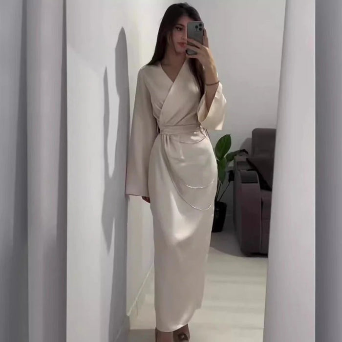Elegant Satin Maxi Dress Abaya with Waist Chains V-Neck Long Sleeve Solid Color Dresses(MA204)