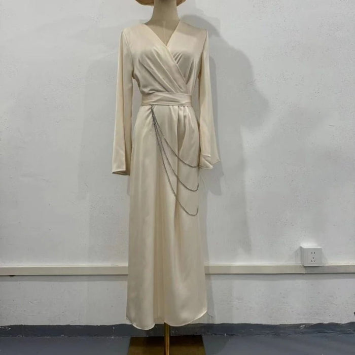 Elegant Satin Maxi Dress Abaya with Waist Chains V-Neck Long Sleeve Solid Color Dresses(MA204)