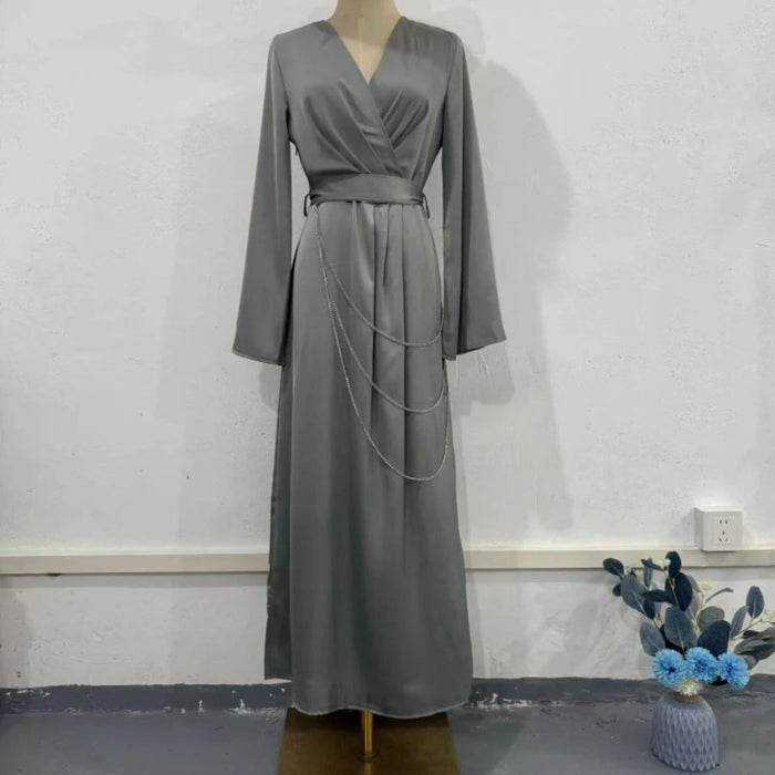 Elegant Satin Maxi Dress Abaya with Waist Chains V-Neck Long Sleeve Solid Color Dresses(MA204)
