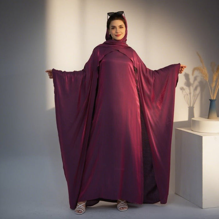 Elegant Shimmer Batwing Abaya Set with Hijab | Two-Piece Pullover Style Layered Look(MA315)