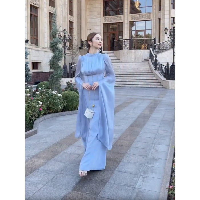 Elegant Swinging Sleeve Silk Satin Abaya Dress | High Waist Modest Maxi Dress with Back Strap Detail(MA295)