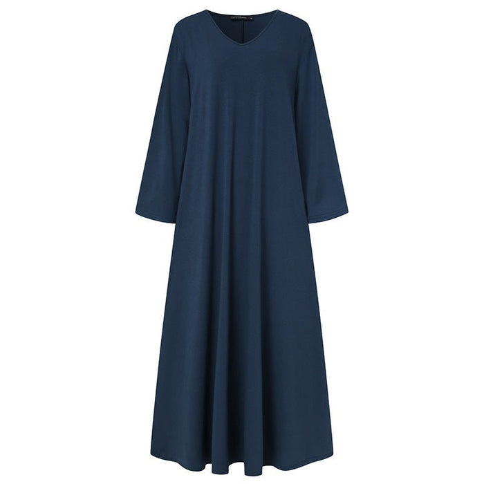 Elegant V-Neck Long Sleeve Maxi Dress | Loose Fit Dress with Hidden Pockets(MA314)