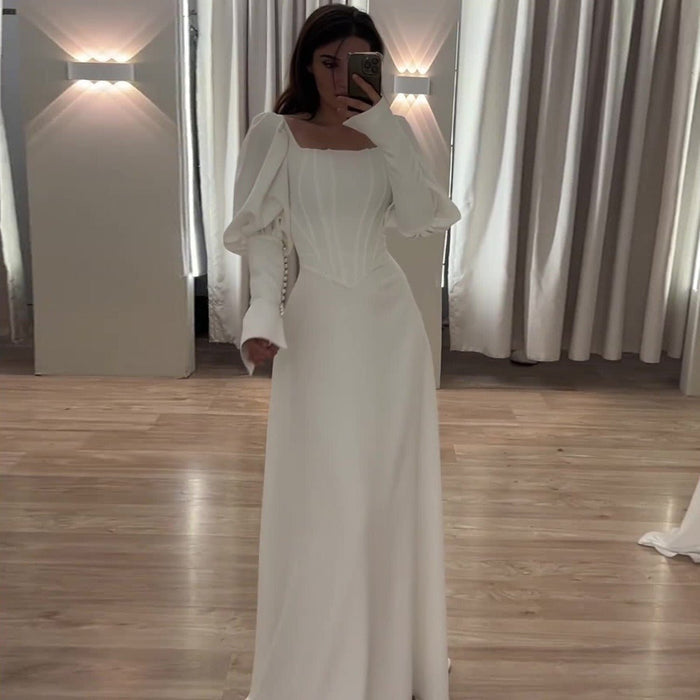 Elegant White Square Neck Long Sleeve Bubble Sleeve Modest Dress Abaya  (MA228)