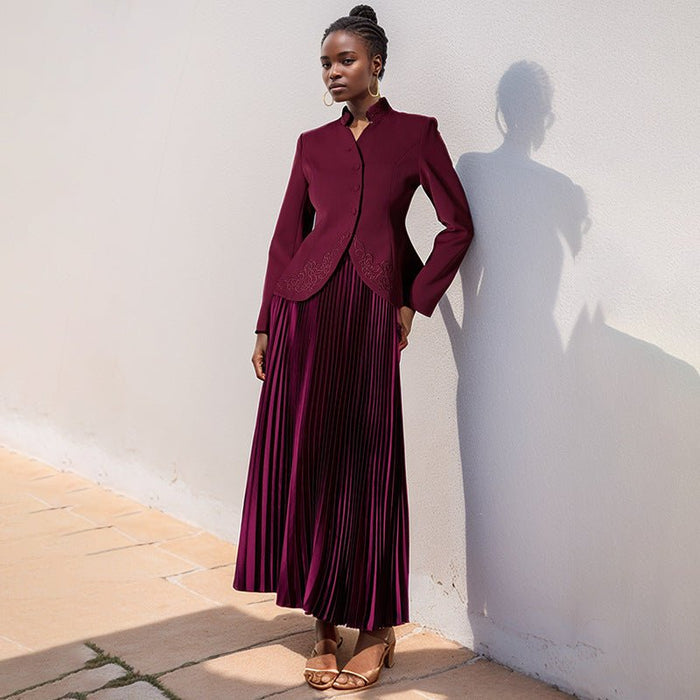 Embroidered Blazer & Pleated Skirt Set(MS214)