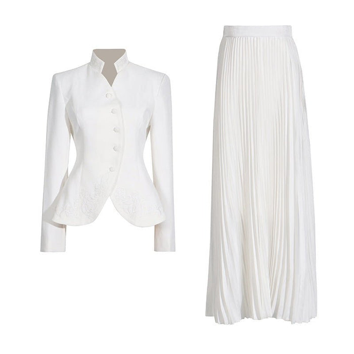 Embroidered Blazer & Pleated Skirt Set(MS214)