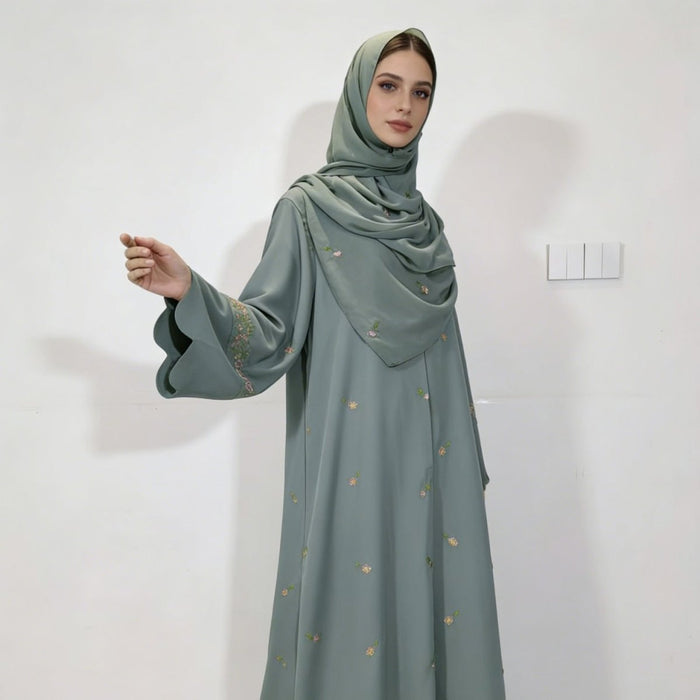 Embroidered Floral Abaya with Matching Hijab(MOA277)