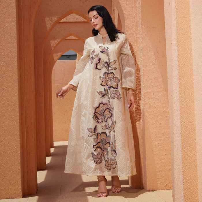 Embroidered Organza Abaya with Sequin Appliqués | Collared Floral Gown (MA373)