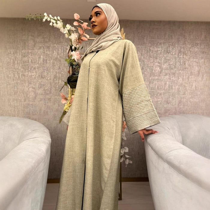 Embroidered Sleeve Abaya | Textured Open-Front Cardigan with Bell Sleeves (MOA263)