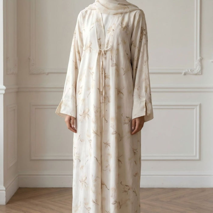 Floral Bird Print Satin Open Abaya(MOA322)