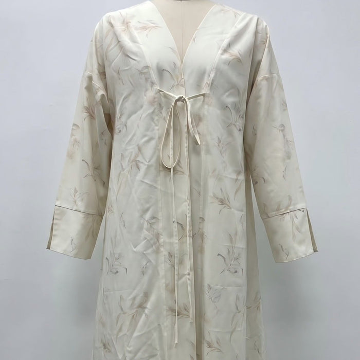 Floral Bird Print Satin Open Abaya(MOA322)