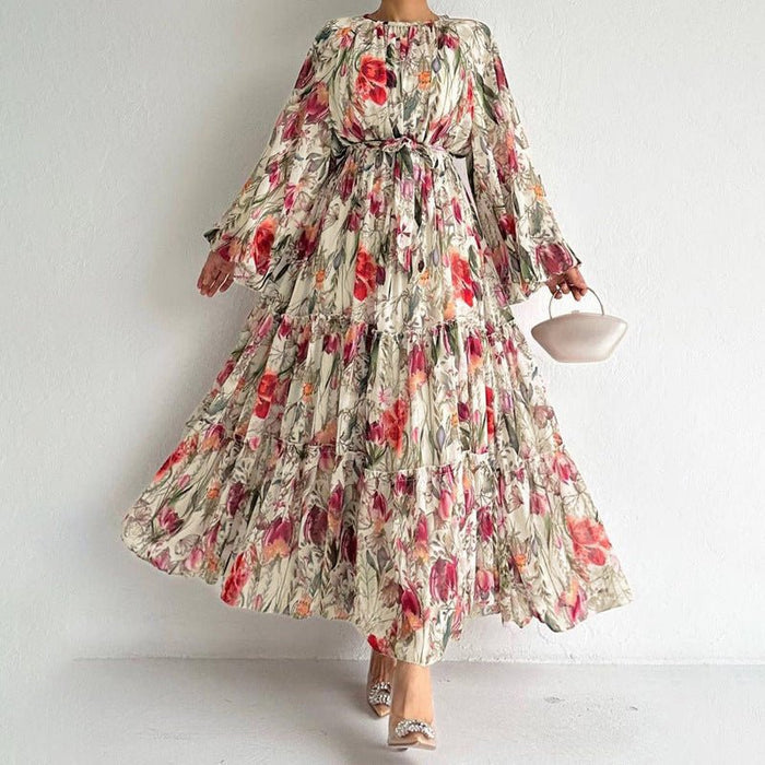 Floral Chiffon Dress with Three-Tier Ruffle Skirt (MA407)