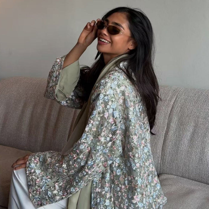 Floral Embroidered Mesh Open Abaya & Hijab Set(MOA321)