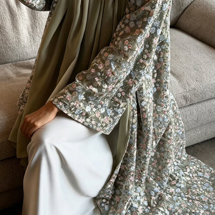 Floral Embroidered Mesh Open Abaya & Hijab Set(MOA321)