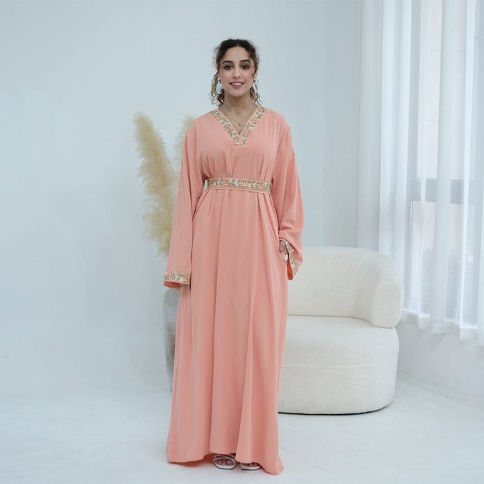 Floral Embroidered V-Neck Nida Maxi Dress(MA448)
