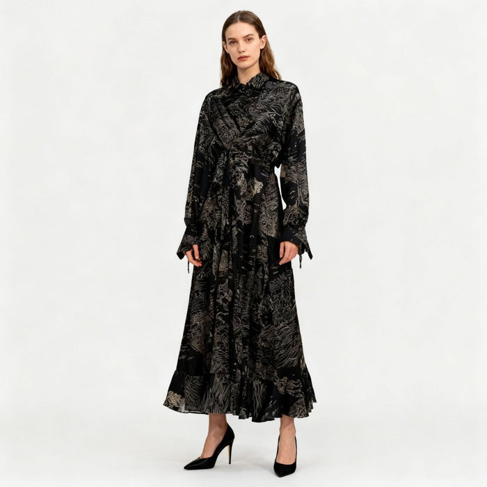 Floral Jacquard Wrap Dress | Collared Tie-Sleeve Maxi Dress(MS257)