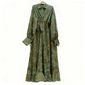 Floral Jacquard Wrap Dress | Collared Tie-Sleeve Maxi Dress(MS257)