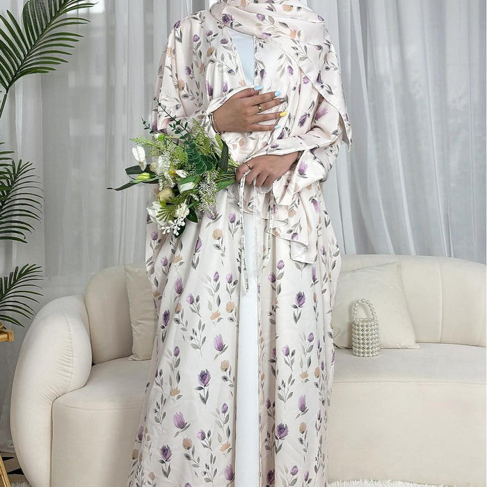 Floral Print Butterfly Sleeve Abaya Set | Resort Style Open-Front Cardigan(MOA256)