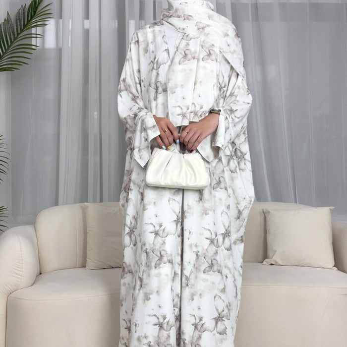 Floral Print Butterfly Sleeve Abaya Set | Resort Style Open-Front Cardigan(MOA256)
