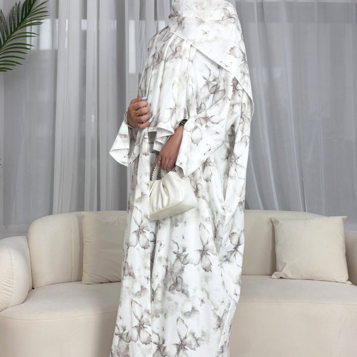 Floral Print Butterfly Sleeve Abaya Set | Resort Style Open-Front Cardigan(MOA256)