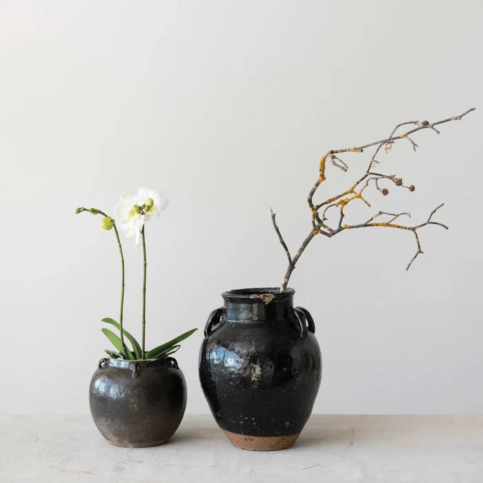 Found Black Clay Jar with Handles