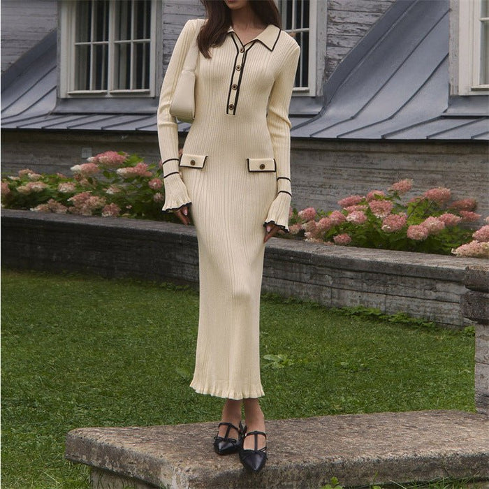 French Luxury Ruffle Trim Knit Dress | Collared Midi Sweater Dress(MS199)