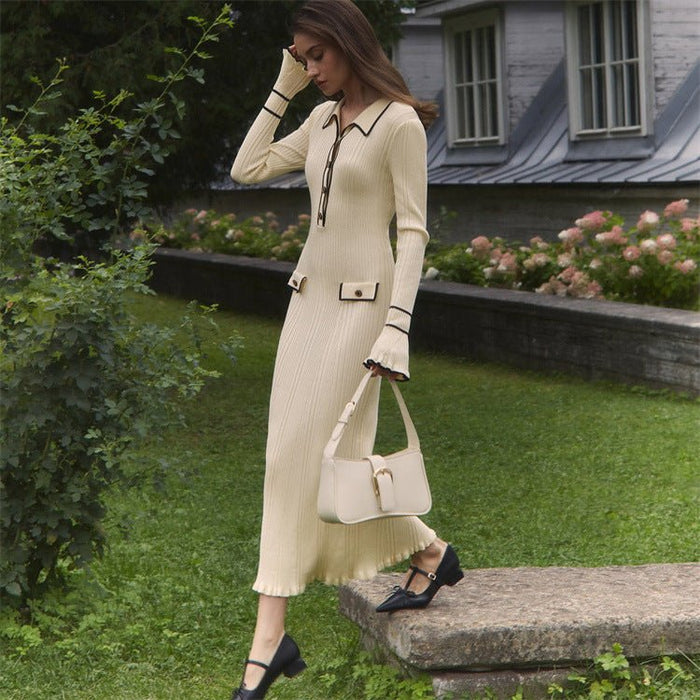 French Luxury Ruffle Trim Knit Dress | Collared Midi Sweater Dress(MS199)