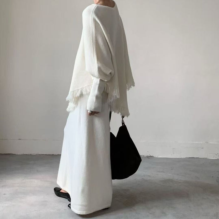 Fringed Knit Set With Batwing Sleeve Sweater And Midi Skirt (MS172)