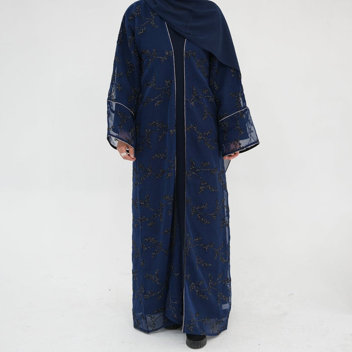 Fully Embroidered Abaya Set | Crystal Trim Vine Pattern Cardigan & Dress (MOA262)