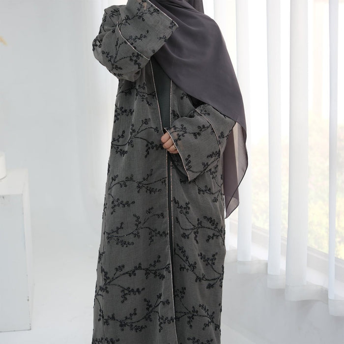 Fully Embroidered Abaya Set | Crystal Trim Vine Pattern Cardigan & Dress (MOA262)