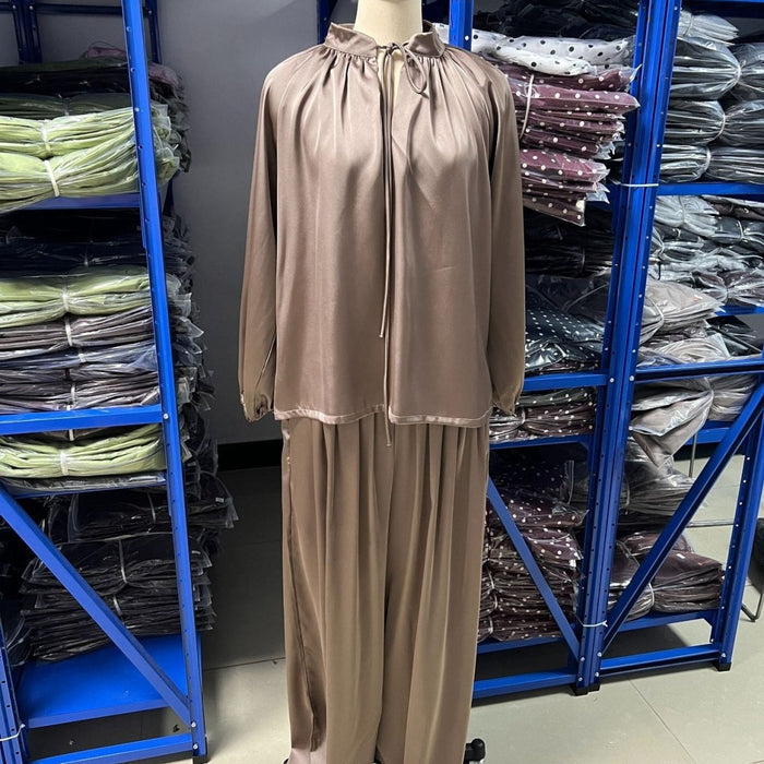 Gathered Neck Self-Tie Satin-Finish Top & Wide-Leg Trouser Set(MS465)