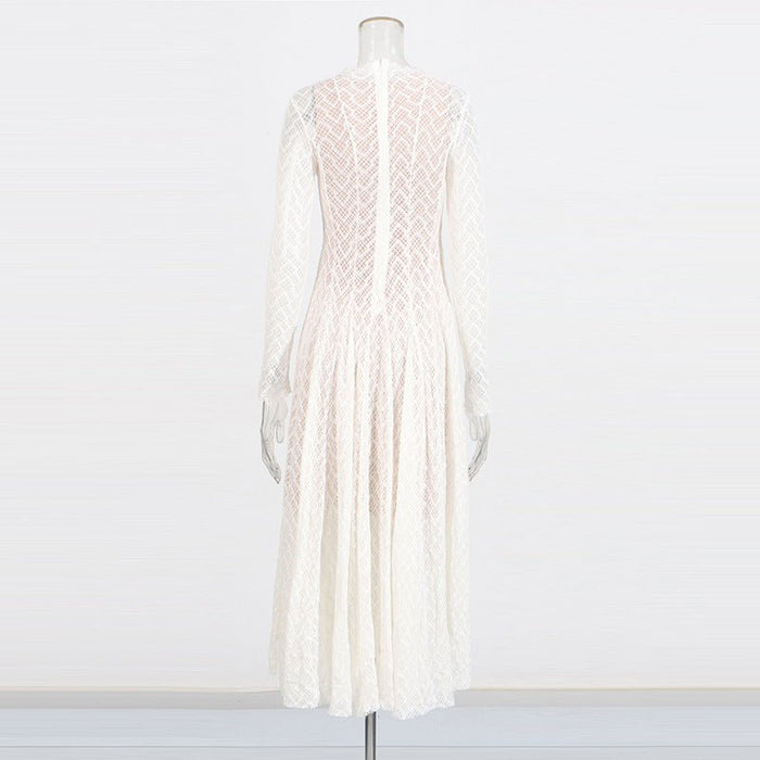 Geometric Lace Mock Neck Maxi Dress (MS397)