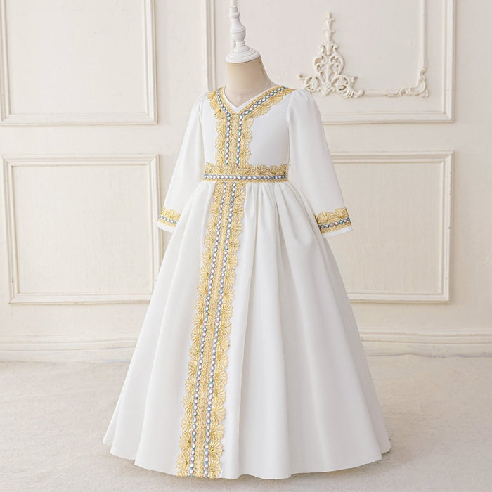 Girls Embroidered Kaftan Dress with Jeweled Belt(MKG021)