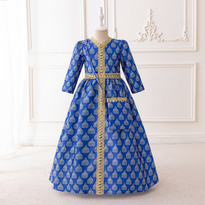 Girls Royal Blue Printed Kaftan Dress(MKG023)