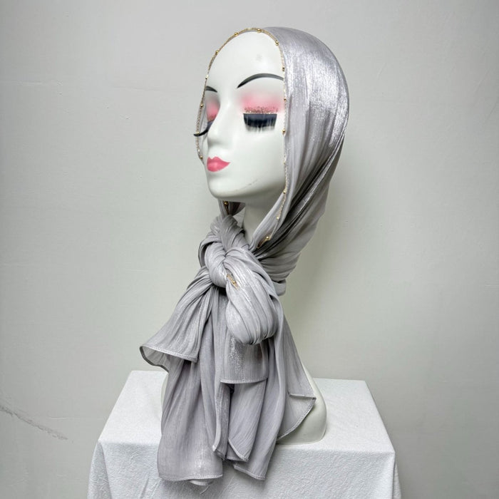 Gold Chain Beaded Edge Crinkle Satin Hijab(MH238)