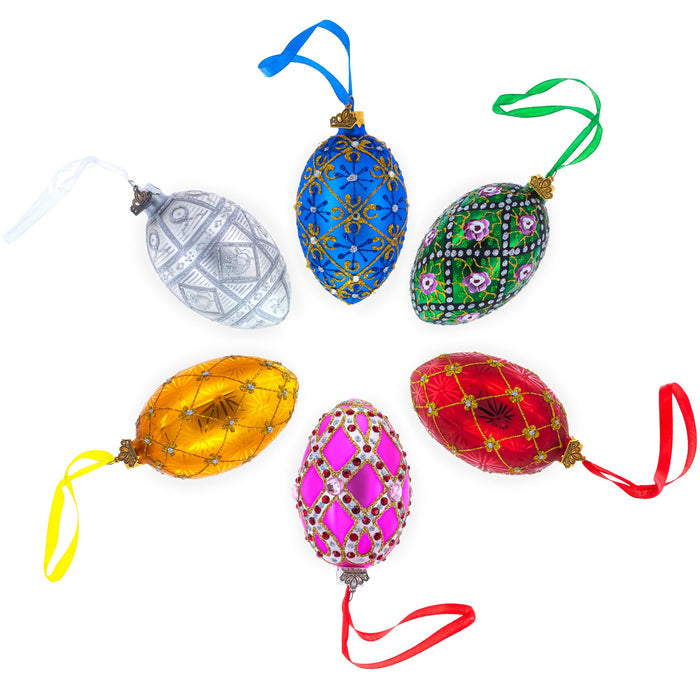 Golden Flowers on Speckled Blue Glass Egg Christmas Ornament 4 Inches