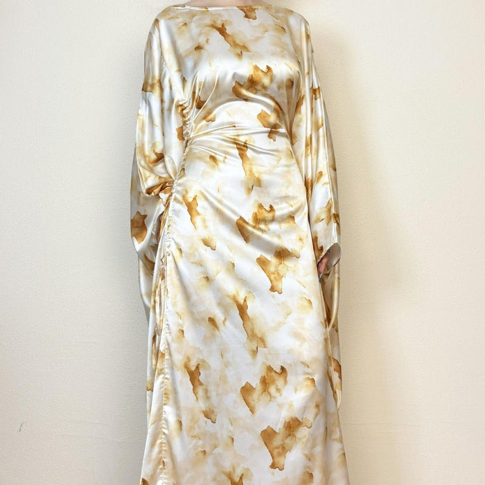 Golden Marble Print Satin Dress | Bell Sleeve Maxi with Adjustable Drawstring Waist (MA244)