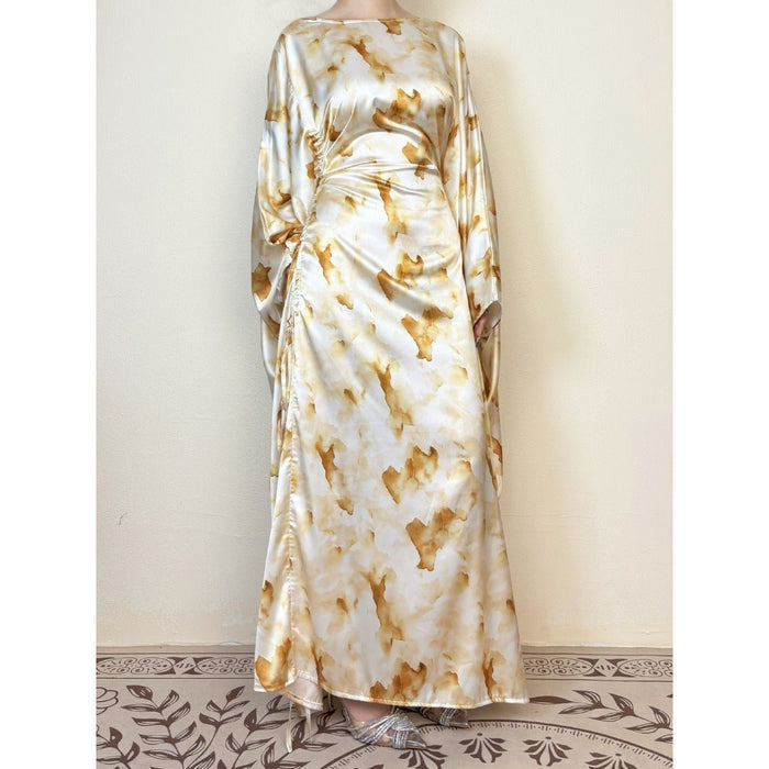 Golden Marble Print Satin Dress | Bell Sleeve Maxi with Adjustable Drawstring Waist (MA244)