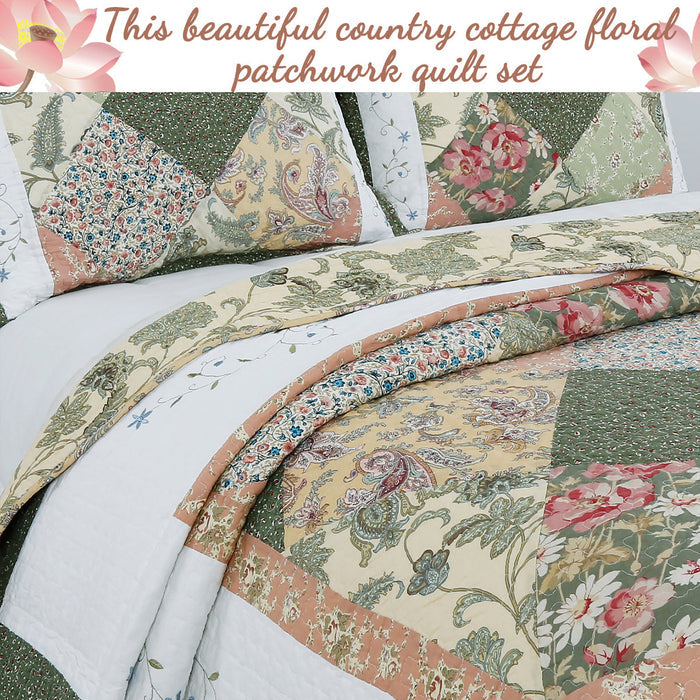 Grace Forest Green Real Patchwork Embroidered Scalloped Edge 3-Piece Cotton Reversible Quilt Bedding Set