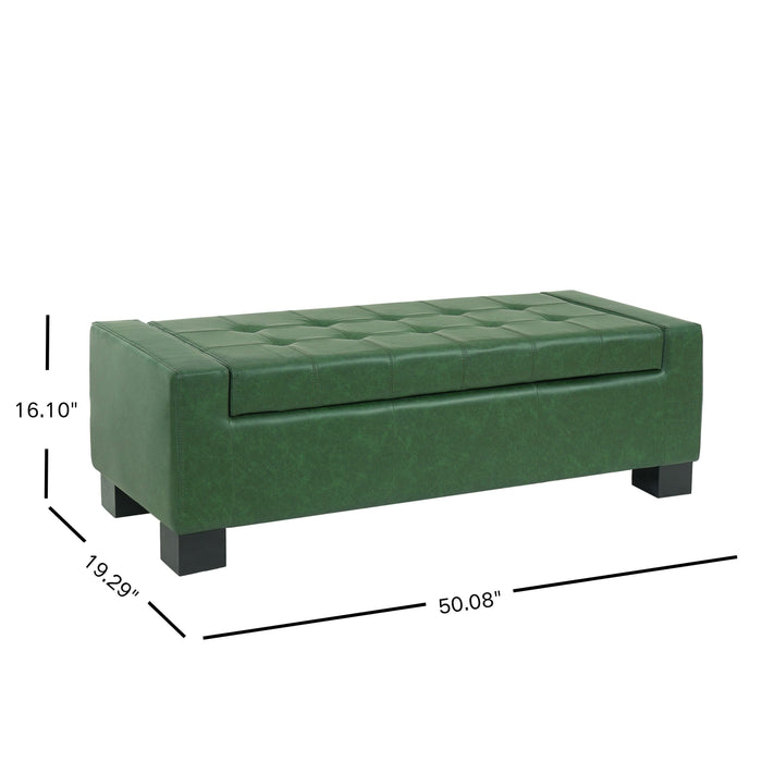 Green Storage Ottoman Bench, PU Upholstered Footrest with Solid Wood Legs