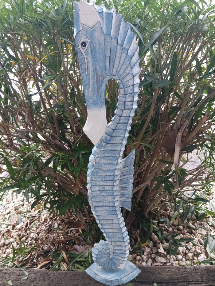 Hand-Carved Wooden Seahorse Sculpture – Coastal Decor in Blue, Teal, or Brown