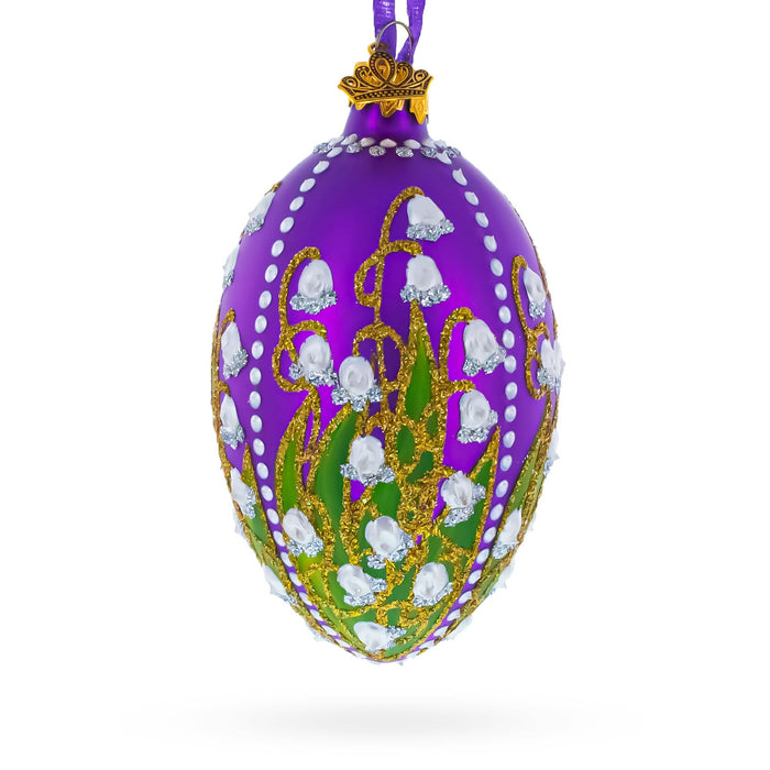 Hand-Painted 1898 Lilies of the Valley in Purple Royal German Glass Egg Ornament — 4 Inches