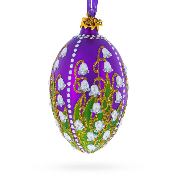 Hand-Painted 1898 Lilies of the Valley in Purple Royal German Glass Egg Ornament — 4 Inches