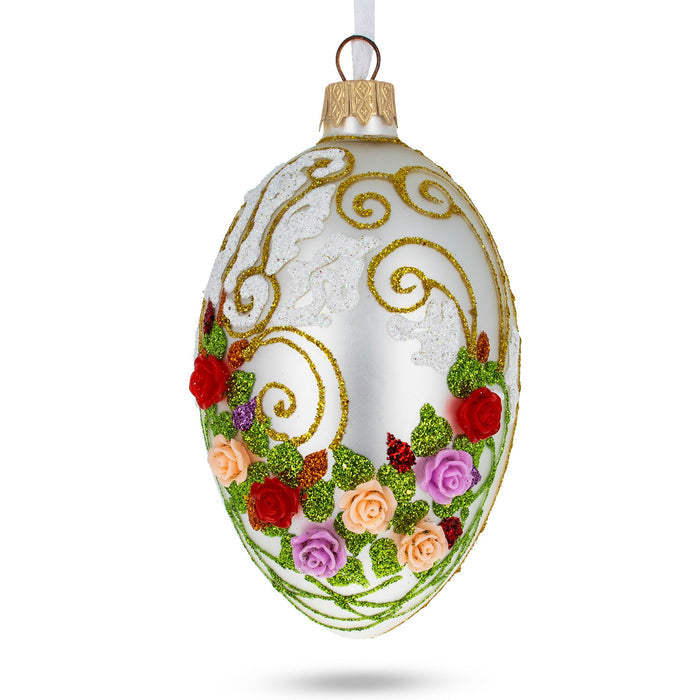 Hand-Painted German Glass Egg Ornament – 3D Flowers on White, 4 Inches